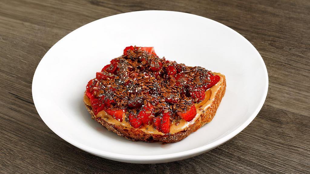 power pb&j · toasted whole-grain wheat bread, peanut or almond butter, strawberries, chia seeds. flax seeds.