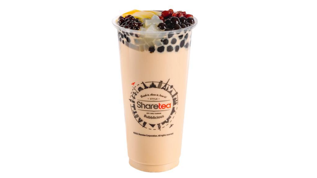 QQ Happy Family Milk Tea · Our signature classic milk tea with 6 toppings: Big Boba, Mini Boba, Pudding, Herb Jelly, Red Beans, Lychee Jelly. Uses non-dairy creamer.