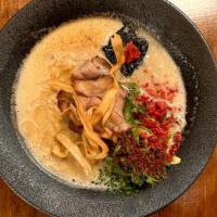 << Ginjo Tori Paitan Ramen >> · Rich and creamy chicken soup is combined with a vegetable broth of kombu, shiitake and local...