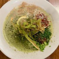 << The Green Ramen >> · Tori Paitan chicken-vegetable soup, matcha, mint, fresh squeezed lemon juice. House-made noo...