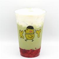 Strawberry Matcha With Cheese Foam · Matcha milk tea with strawberry puree, topped with salted cheese foam