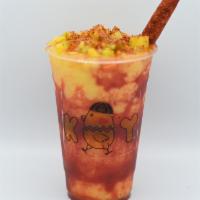 Mexican Mangonada · Mango smoothie prepared with fresh-cut mango and spiced up with chamoy chili sauce,  Tajín c...