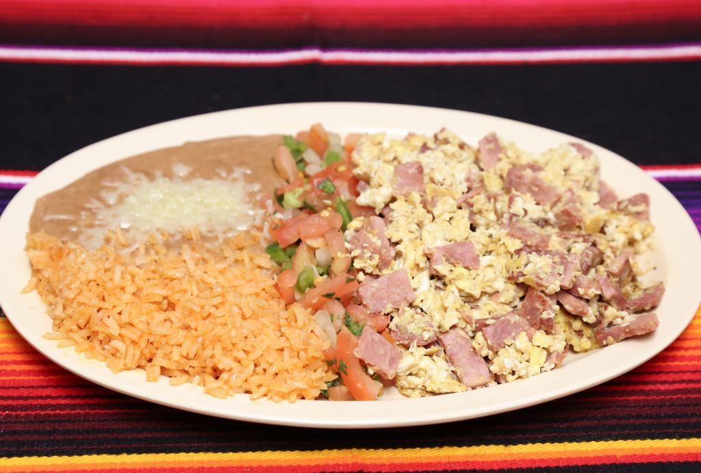 Huevos con Jamon · Ham and Eggs Served with Rice, Beans and Tortillas