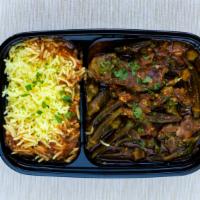 Bamyeh with Lamb · Okra cooked with tomatoes sauce, garlic, onion, seasoning and lamb. Served with rice.