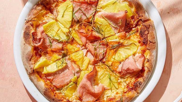 Hawaiian · Fresh pineapple, applewood smoked ham and slivered scallions.. [Calories listed are per slice. All pizzas are 6 slices.]