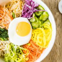 The Works: Bibimbop · Variety of vegetables including carrots, spinach, bean sprouts, cucumbers, zucchini, radish,...