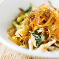 Veggie Jhap Chae · Stir-fried glass noodles, mushrooms, julienned carrots, onion, spinach, cabbage, green onion...