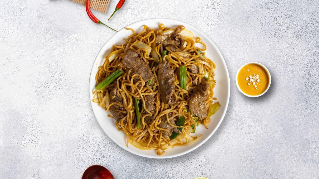 Buffed Beef Chow Mein · Beef stir-fried with bean sprouts, white and green onions, and cabbage.