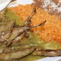 Huilotas En Salsa Verde · Tortillas Hechas A Mano(5),Arroz, frijoles