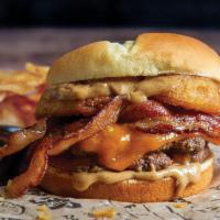 Bourbon Bacon Burger · Two beef patties cooked-to-order, topped with two slices of Cheddar cheese, Bourbon mustard,...