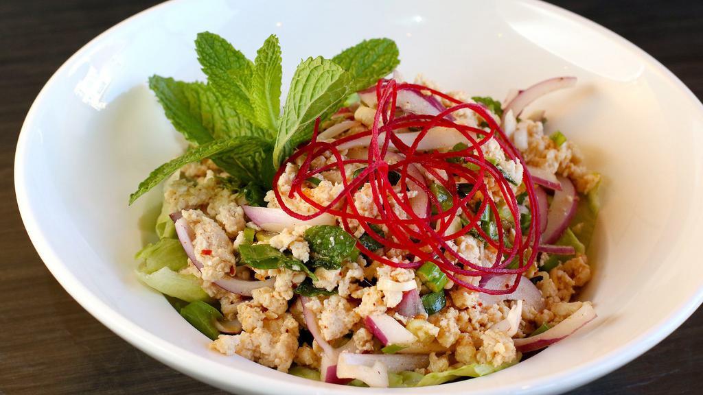 Larb Salad · Choice of minced chicken, beef or pork with onions, green onions, and mint toasted rice seasoned in a light lime dressing.