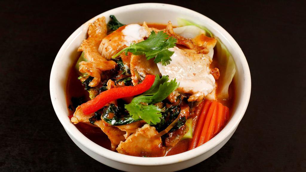 Panang Curry · Variety of vegetables, sweet basil simmered in panang coconut milk curry served with your choice of meat.