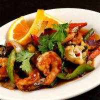 Pad Gra Prow Seafood · Combination seafood with bell pepper, green bean, onions, sweet basil, and variety of vegeta...