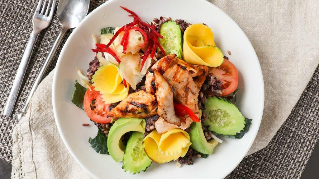 Healthy Bowl · Grilled marinated salmon with mixed grains and beans, shredded mango, avocado, pickled ginger, bean sprouts, and dried fruit.