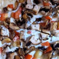 Garlic Chicken Pizza · ranch, chicken, mushrooms, roasted garlic & tomatoes