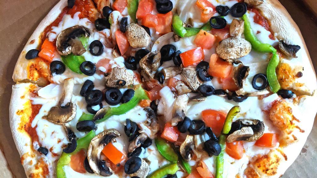 Veggie Pizza · red sauce, tomatoes, mushrooms, onions, olives & green peppers