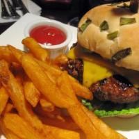 Bistro Burger (1/2 Lb) · Niman ranch angus beef cheddar, lettuce, tomatoes, red onions and pickles served on brioche ...