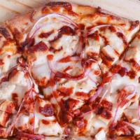 BBQ Chicken Pizza · Chicken, BBQ sauce, red onions.