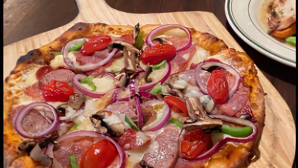 Vegetarian Pizza · Onions, tomatoes, bell peppers, mushrooms, olives.