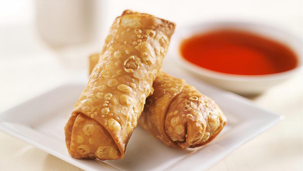 Egg Rolls · Five pieces of crispy egg roll, each filled with jicama, carrot and mushroom.