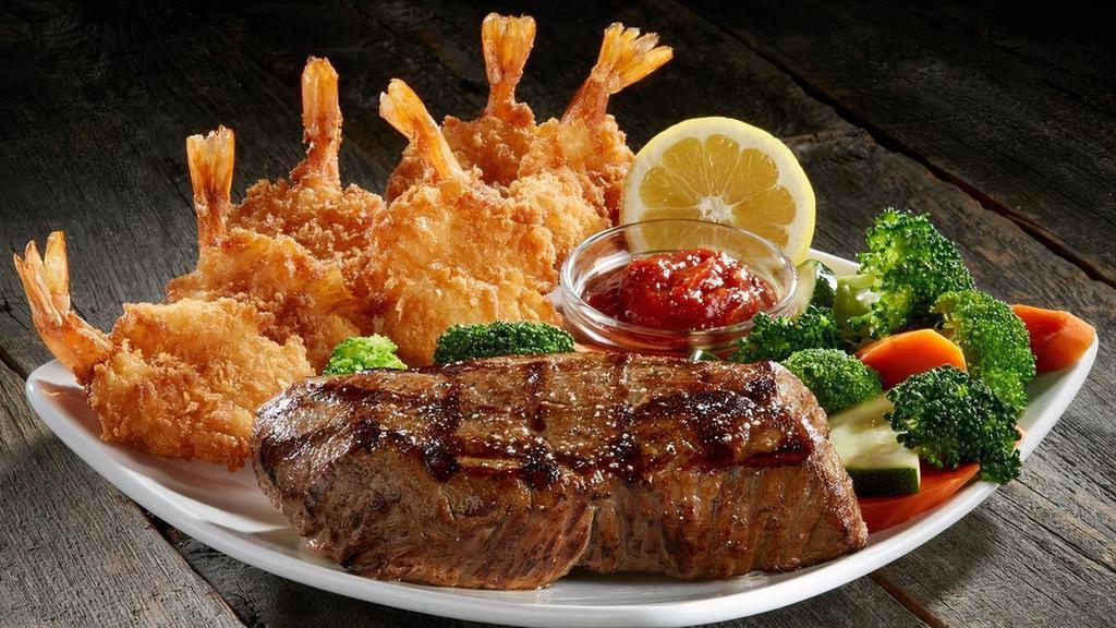 Steak & Jumbo Crispy Shrimp  · 6 jumbo crispy shrimp served with 6oz hand-cut tri-tip sirloin and choice of side.
