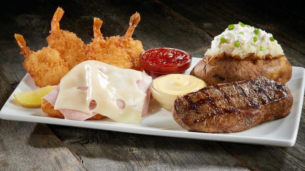 Classic Trio · Get it all! 6oz tri-tip sirloin, Malibu Chicken & jumbo crispy shrimp with a choice of side.