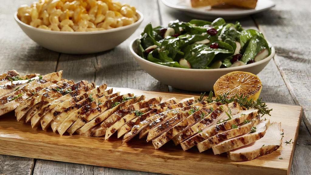 Sliced Grilled Chicken Family Meal  · Italian herb seasoned and sliced chicken breast. Includes choice of 2 sides and cheese toast for 4.  Each side serves 4.