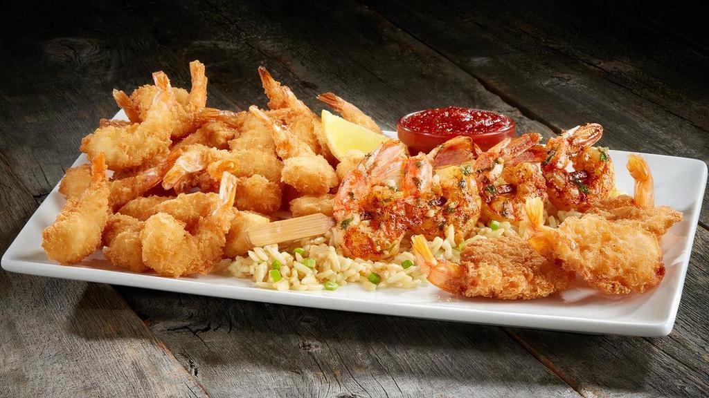Shrimp! Shrimp! Shrimp! · Mini crispy shrimp, jumbo crispy shrimp and shrimp skewer. Side not included.