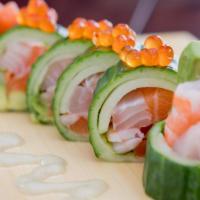 Benicia Roll · Salmon, tuna, Izumi-dai, Ebi, avocado, and gobo wrapped with cucumber. Top with Ikura and wa...