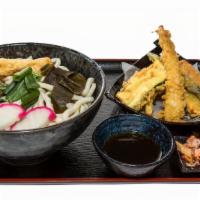 Tempura Udon · One-pieces of shrimp and five pieces of veggie.