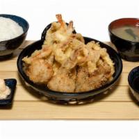 Seafood Tempura Plate · Two pieces of shrimp, two oysters, two scallops, calamari tempura, pollock tempura, and miso...