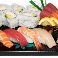 Sushi & Sashimi · Six pieces of ca roll, five pieces. Of nigiri (tuna, salmon, hamachi, ebi, unagi) plus five ...