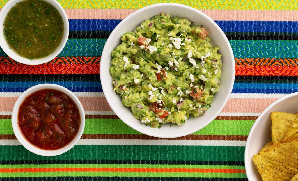 Fiesta Guacamole (16 Oz.), Chips And Salsa · Guacamole, chips and salsa for the whole party