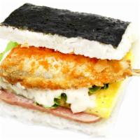 Aji Fish Onigiri · Fried Aji fish, lettuce, egg and spam, tartar sauce, house sauce.