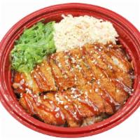 Chicken Katsudon · Rice bowl with chicken katsu, mayo crab mix,  seaweed salad, katsu sauce.