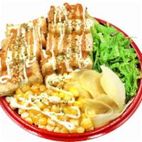 Tofudon (Spicy ver. available) · Rice bowl with fired tofu, seaweed salad, corn, ginger, house sauce, mayo.