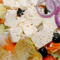 Greek Salad · Lettuce, tomatoes, cheese, red onions, artichoke hearts, olives, cucumber, pepperoncini, car...