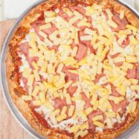 Hawaiian Pizza · Tomato sauce, mozzarella cheese, ham, pineapple, extra cheese.