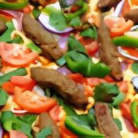 Shish Kabob Pizza · Tomato sauce, red onions, green peppers, Roma tomatoes, cilantro and kabob beef.