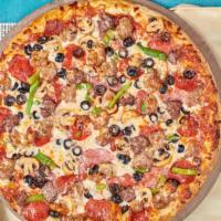 Veggie Deluxe Pizza · Tomato sauce, mozzarella cheese, fresh mushrooms, Roma tomatoes, green peppers, black olives...