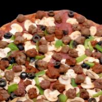 Combination Pizza · Tomato sauce, mozzarella cheese, , pepperoni, fresh mushrooms, green peppers,onion , black o...