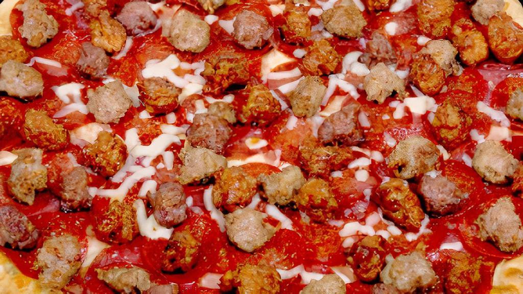 All Meat Pizza · Tomato sauce, mozzarella cheese, salami, pepperoni, ham, ground beef, Italian sausage.