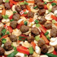 Italiana Pizza · Creamy garlic sauce, mozzarella cheese, pepperoni, Italian sausage, fresh mushrooms, Roma to...