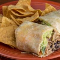 Border Burrito · Flour tortilla with your choice of meat, cheese, guacamole, salsa, black or refried beans, r...
