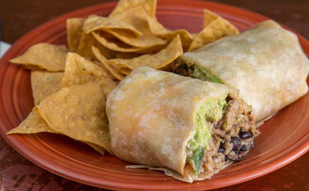 Border Burrito · Flour tortilla with your choice of meat, cheese, guacamole, salsa, beans, rice, and sour cream.