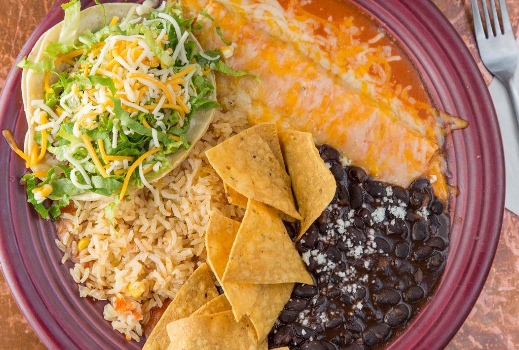Taco & Enchilada Plate · Choice of red or green Chile or ranchero sauce with melted jack and cheddar cheese.