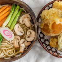 tempura udon · noodles with vegetables and fishcake in dashi broth. side of shimp and vegetable tempura.