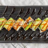 Dragon Roll · tempura shrimp roll topped with ell and avocado with unagi sauce