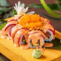 Pink Lady Roll · Spicy tuna, cucumber, topped with tuna, masago, scallions, spicy masago sauce and sesame see...