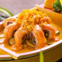 Orange Blossom · Salmon, cucumber topped with salmon, masago, and sunkist sauce.